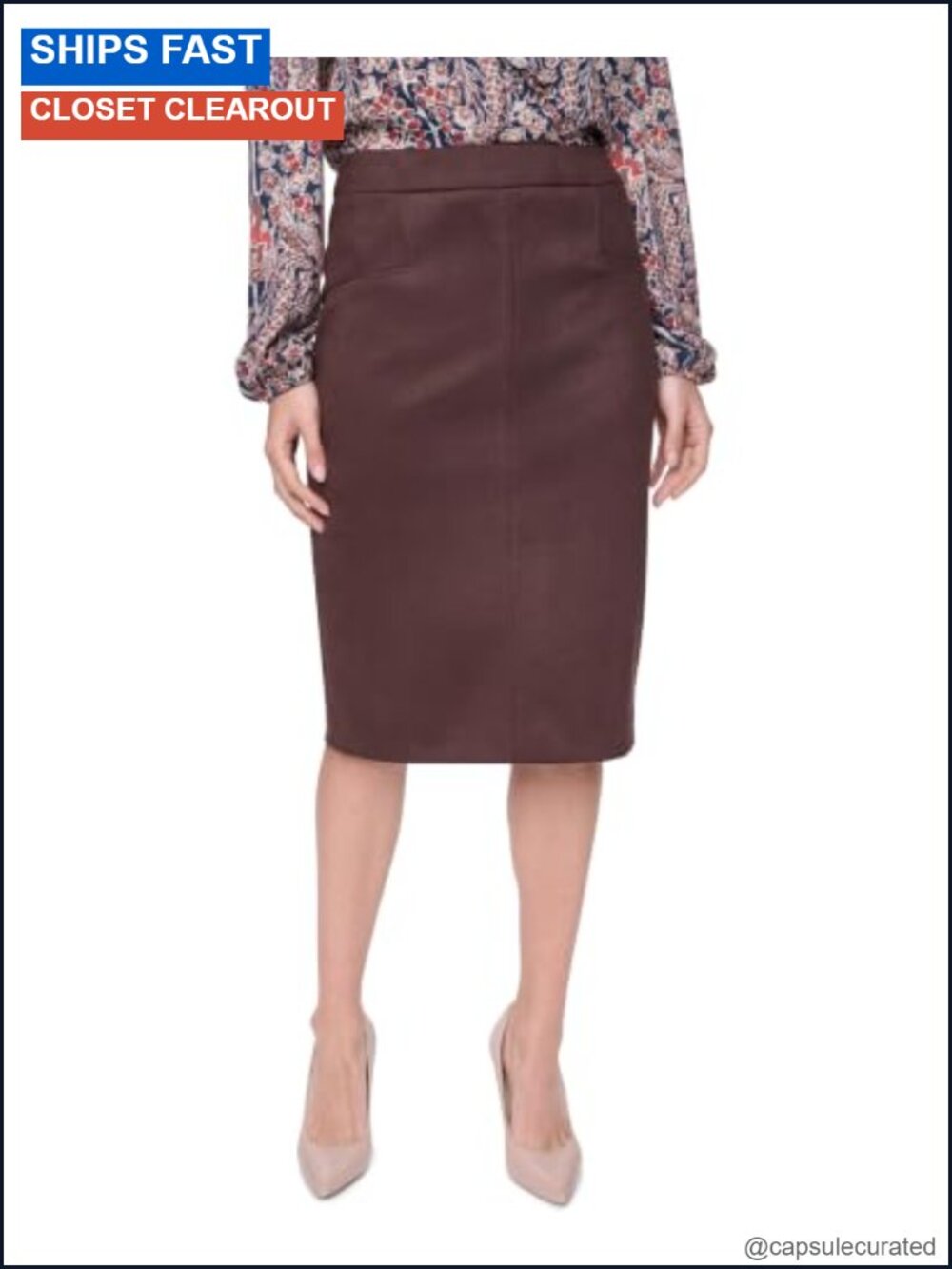Faux Suede Midi Pencil Skirt Straight Hemline Mid Rise